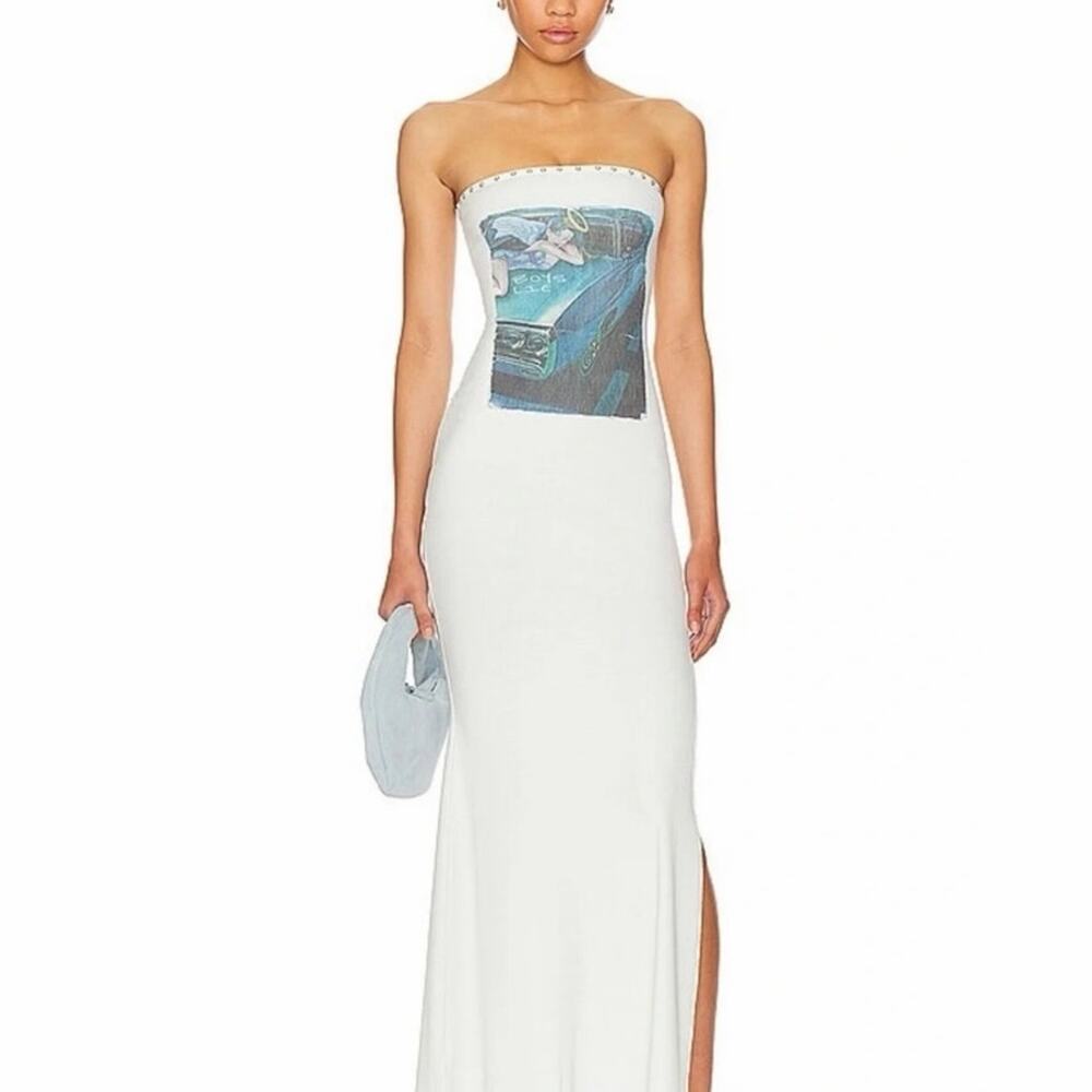 Boys Lie White Strapless Maxi Dress with Blue Graphic